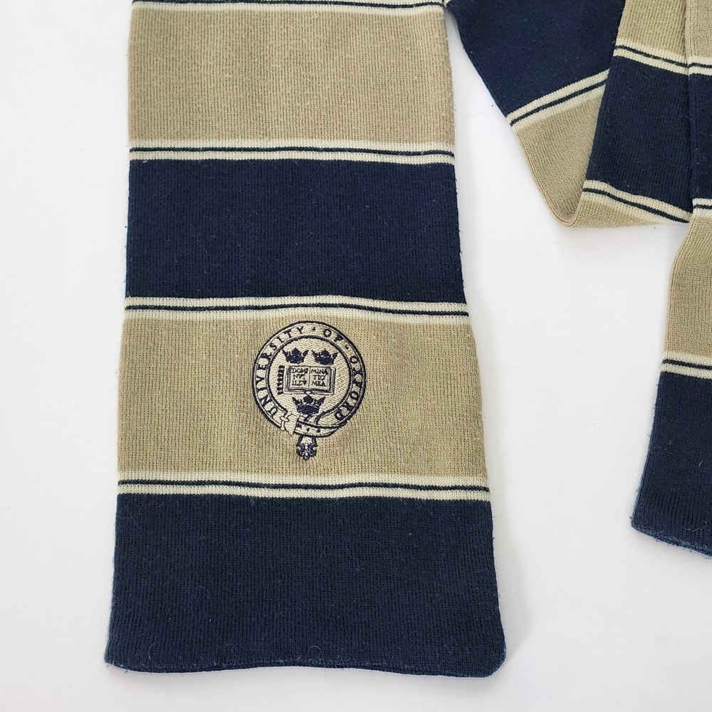 University of Oxford Striped Knit Scarf 80" Extra Long Navy Tan Crest Preppy